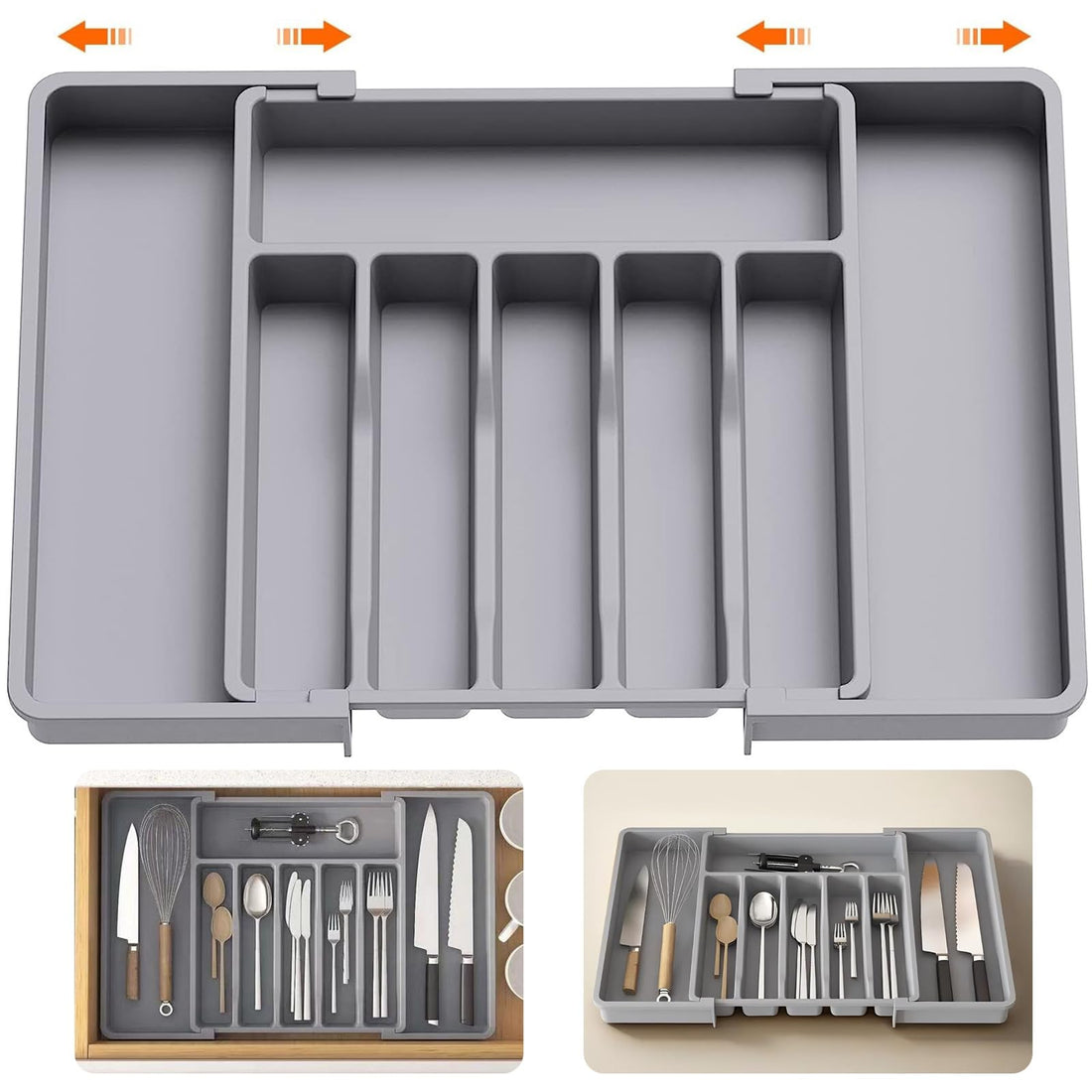 Cutlery Organizer - Expandable Utensil Organizer for Kitchen Drawers,Adjustable Cutlery and Flatware Tray,Kitchen Plastic Spoons Forks Knives Holder Storage Dividers(Large, Grey)