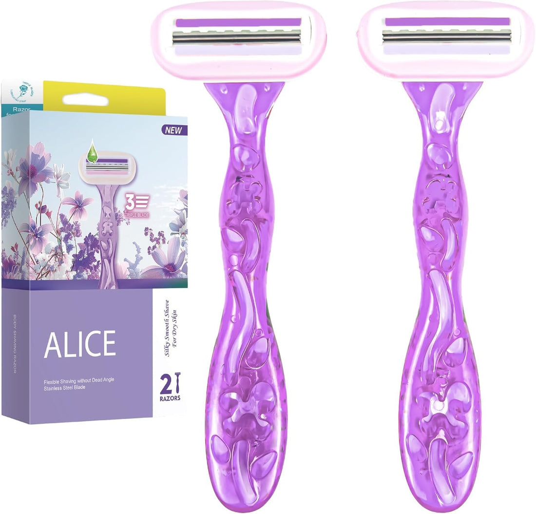 Alice Razor for Women – Set of 2 Body Shavers – Triple Stainless Blades, Flexible Head – Purple – For Dry Skin