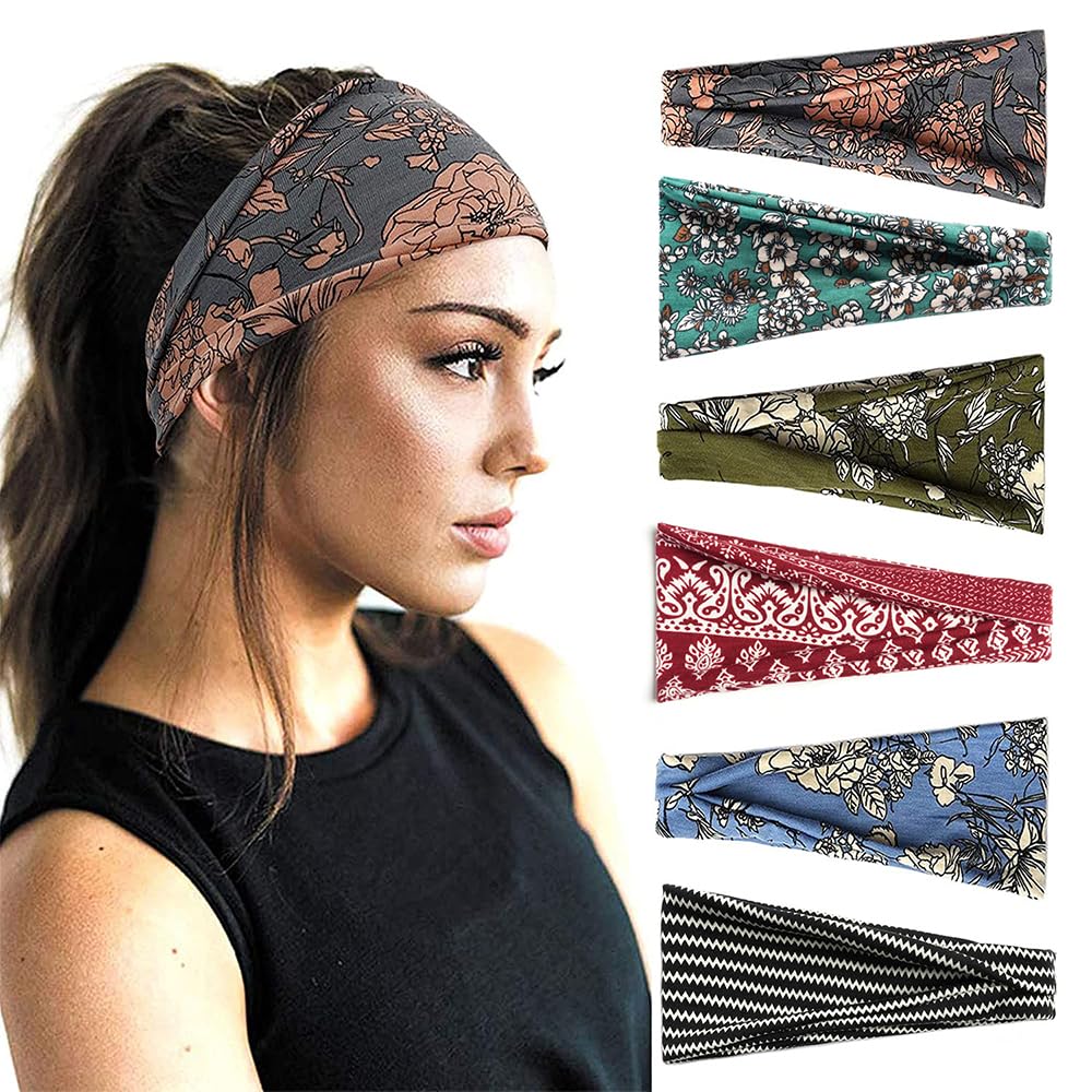 6 Pack Women's Lightweight Stretchy Headbands - Breathable Soft Fabric, 45cm-75cm Elasticity, No Ball/Shrink/Hair Damage, Ideal for Yoga, Travel, Daily Use & All Seasons (6pcs - Multicolor)