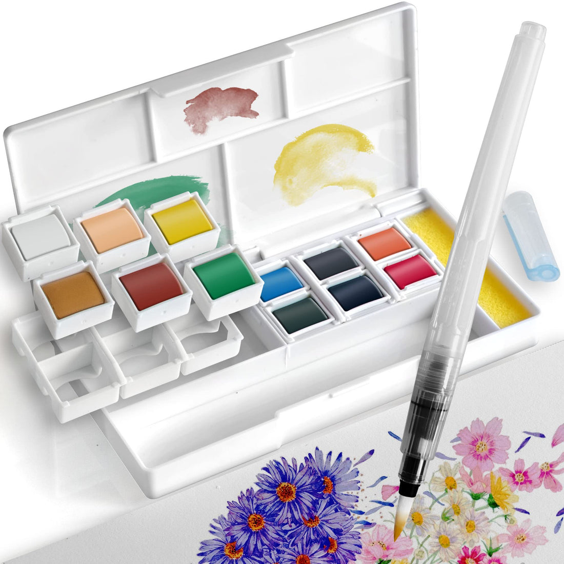 Watercolour Paint Set Pocket-Sized - Watercolour Paint Box 12 Half Pans - Ezigoo