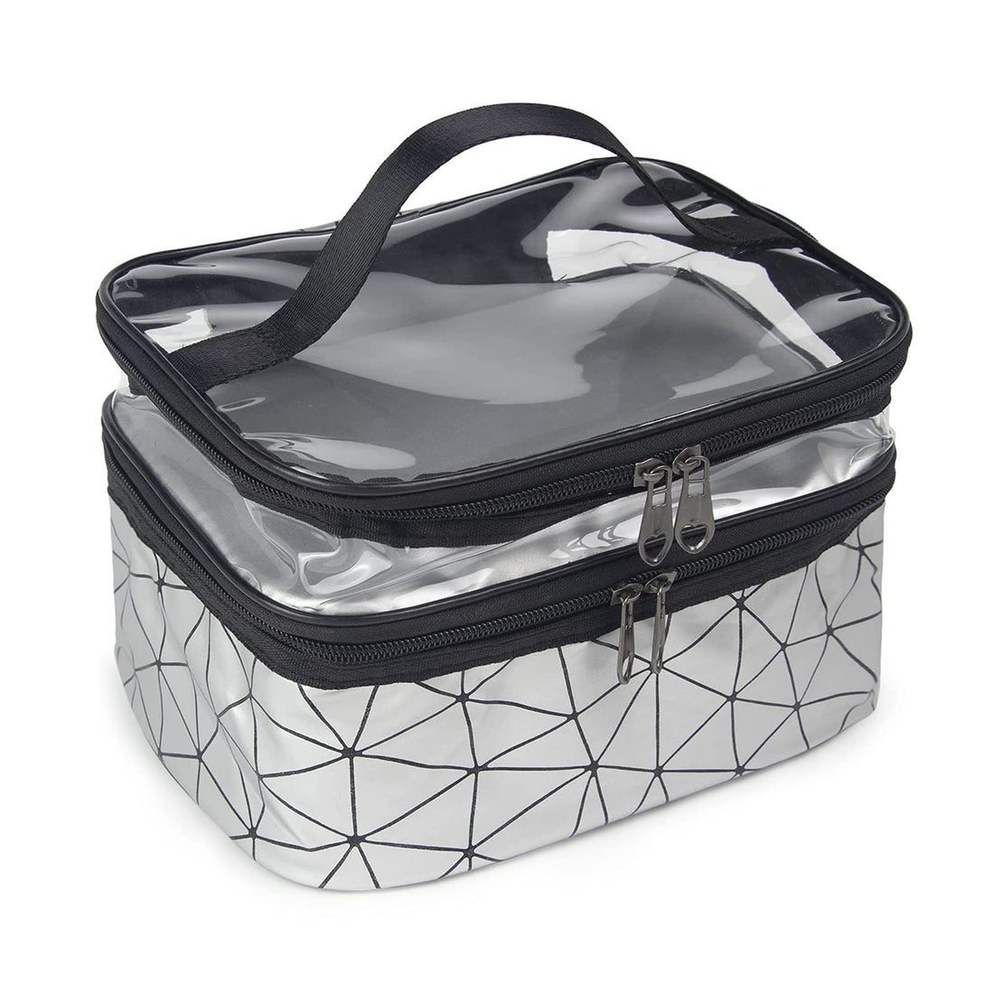 Arabest Cosmetic Bag, Double Layer Makeup Bag Organizer with Carry Handle, Travel Toiletry Bags Portable Waterproof Foldable, for Women Girl Travel Business Daily Storage, Silver