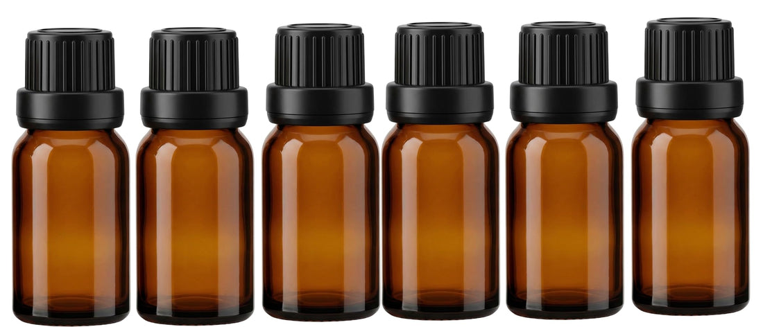 6Pcs Refillable Empty Amber Glass Essential Oil Bottle Vials Attar Jars Bottles with Orifice Reducer and Black Screw Cap DIY Makeup Supplies Tool Accessories Perfume Aromatherapy size 15ml/0.5oz