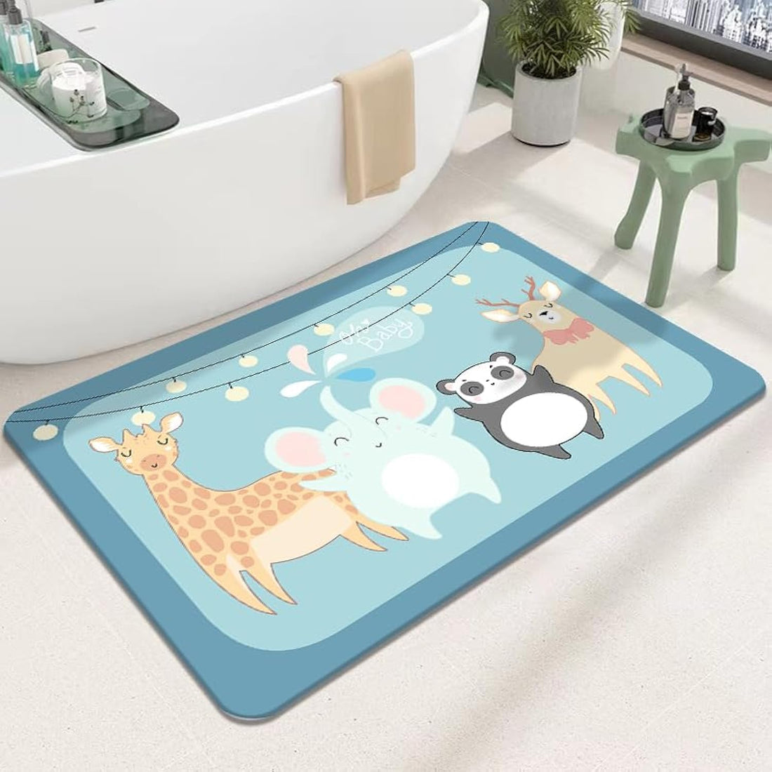 LESTER Anti-Slip Bathroom Mat rectangle shape cute animals design baby blue 50x80cm