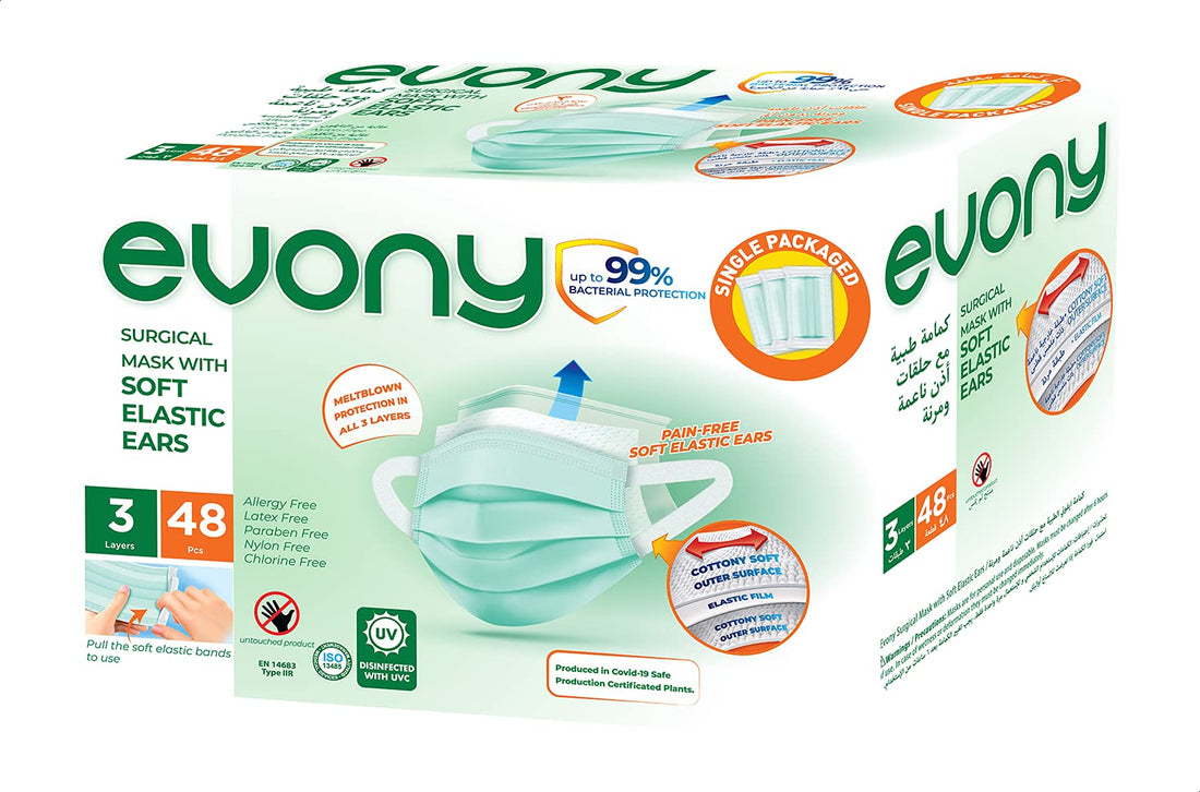 Evony Surgical Mask with Soft Elastic Ears, 48 Pieces