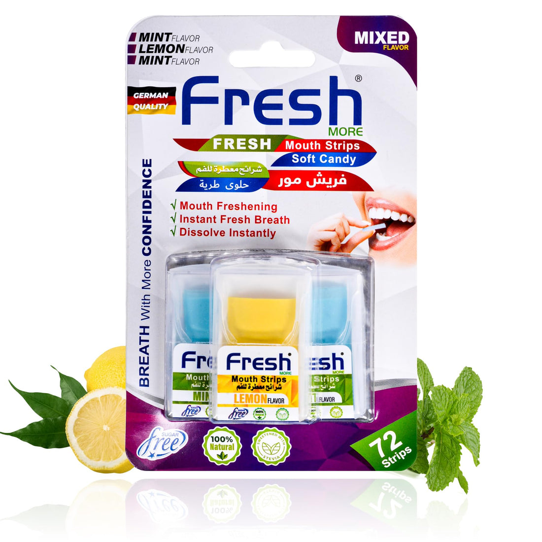 Fresh More Breath Strips for Bad Breath, Instant Mouth Breath Freshener, 72 Strips, Sugar Free, Instant Fresh Breath, Natural Ingredients, Pocket Size for Travel, Meetings (2 Mint, 1 Lemon, 1 Pack)