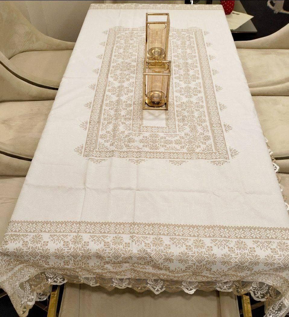 Generic Linen Tablecloth with Lace Border, Embroidered Pattern, 200 x 150 cm, White and Gold .flo