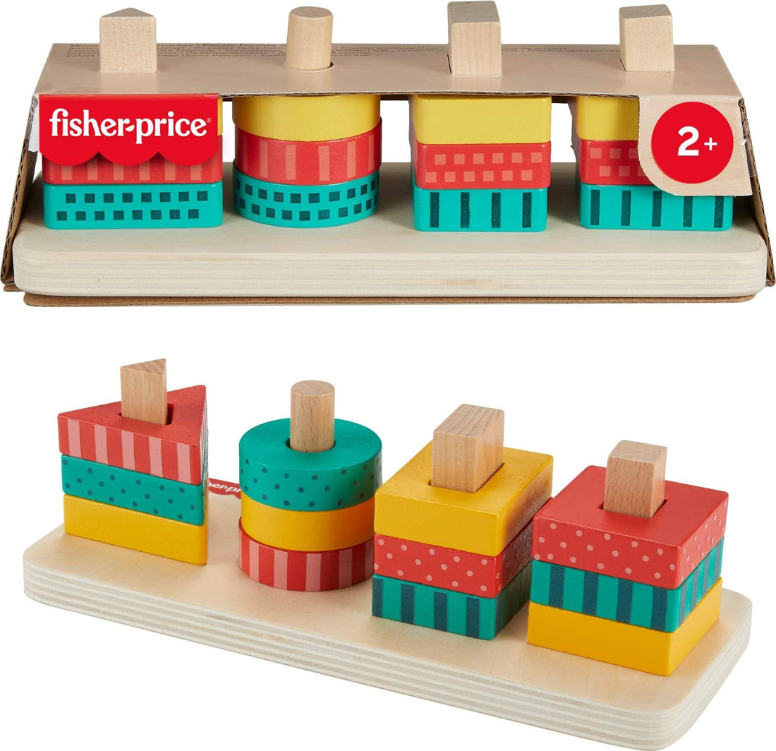 Mattel Fisher-Price Wood Toddler Toy Shape Stacker, 13-Piece Wooden Sorting Activity For Fine Motor Play Preschool Kids Ages 2+ Years