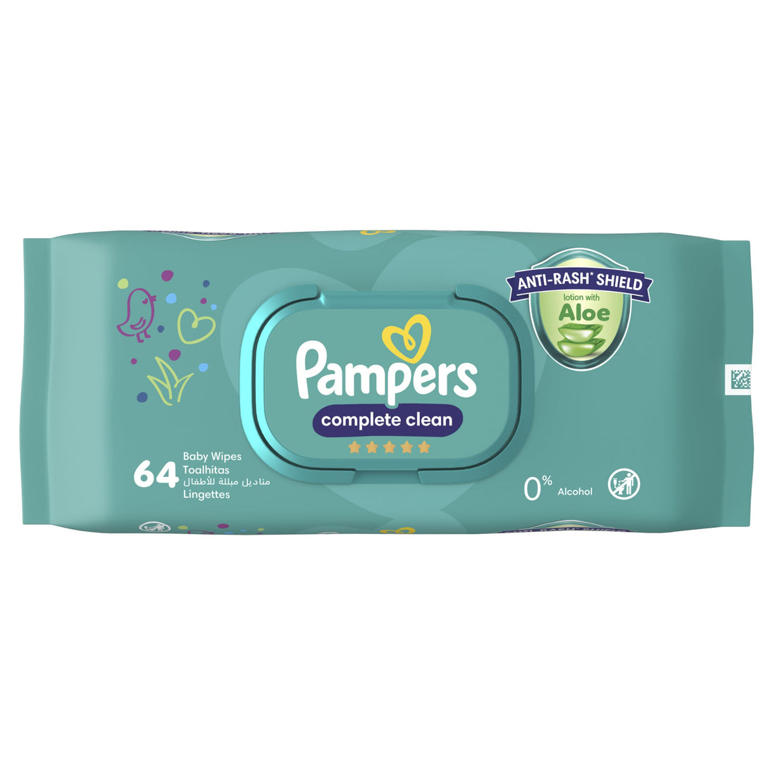 Pampers complete clean baby wipes, with 0% alcohol, 64 wipe count