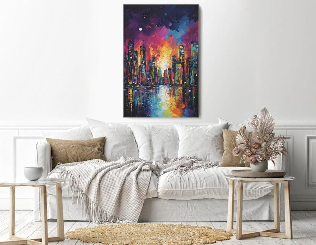 Home Gallery Painting colorful city with moon on sky Printed canvas wall art 60x40