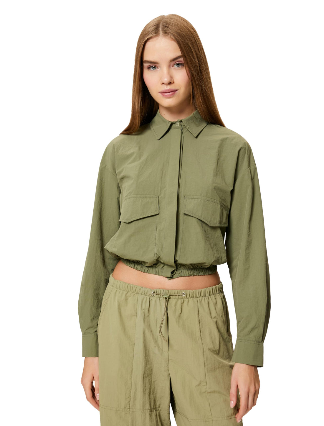 KOTON Women's Parachute Fabric Crop Long Sleeve Flap Pocket Detail Elastic Waistband Blouse, 36 - Khaki