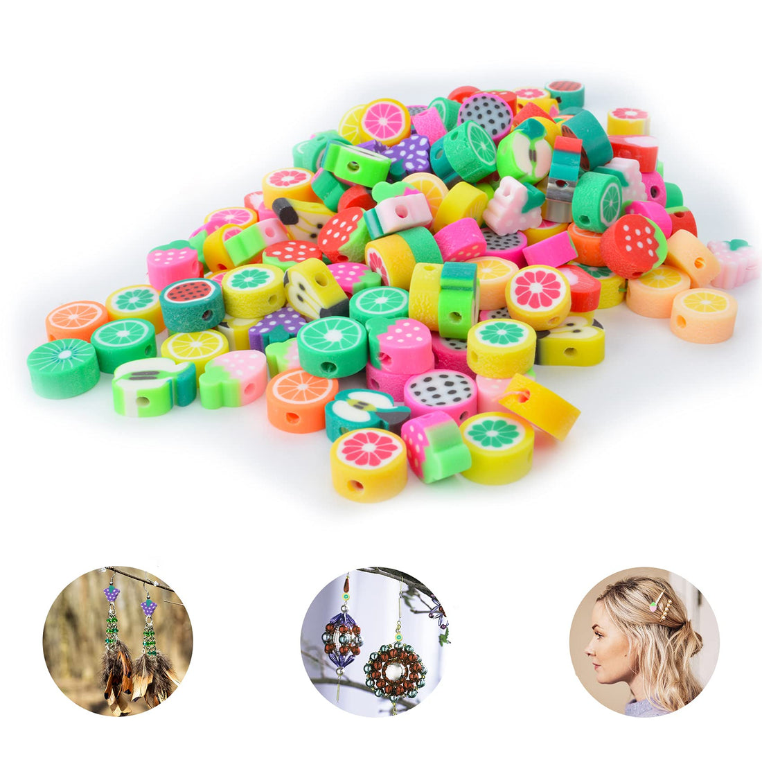 200Pcs Fruit Beads for Jewelry Making, 10mm Fruit Polymer Clay Beads, Plastic Beads Bracelet Making Kit Beaded Crafts Jewelry Accessories Mixed Color Apple, Orange, Watermelon and Strawberry Beads