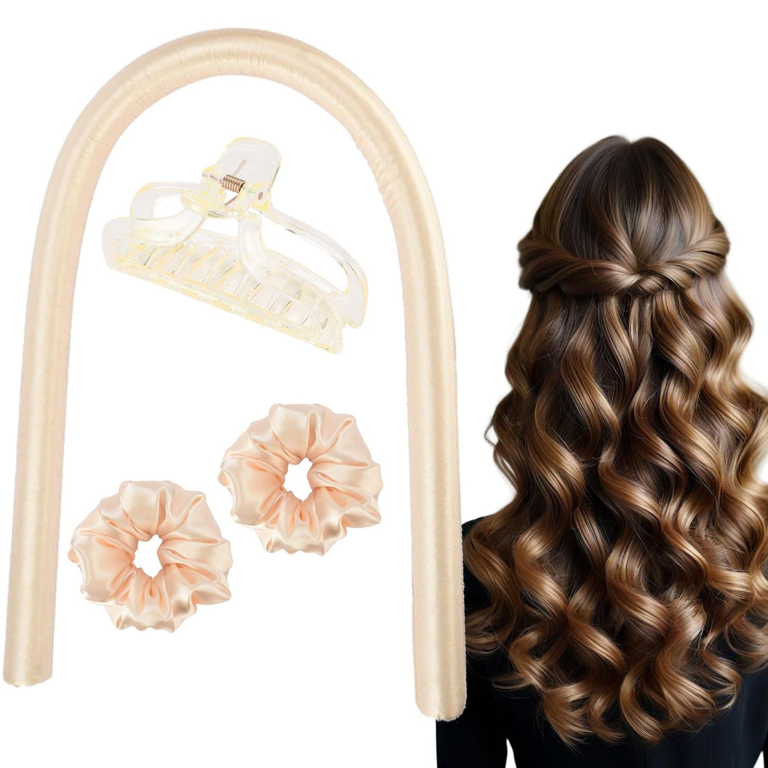 Curls overnight, curlers overnight, headband curlers, curls during sleep, heatless curling iron headband, silk bands hair, curls make long hair ribbon overnight, champagne