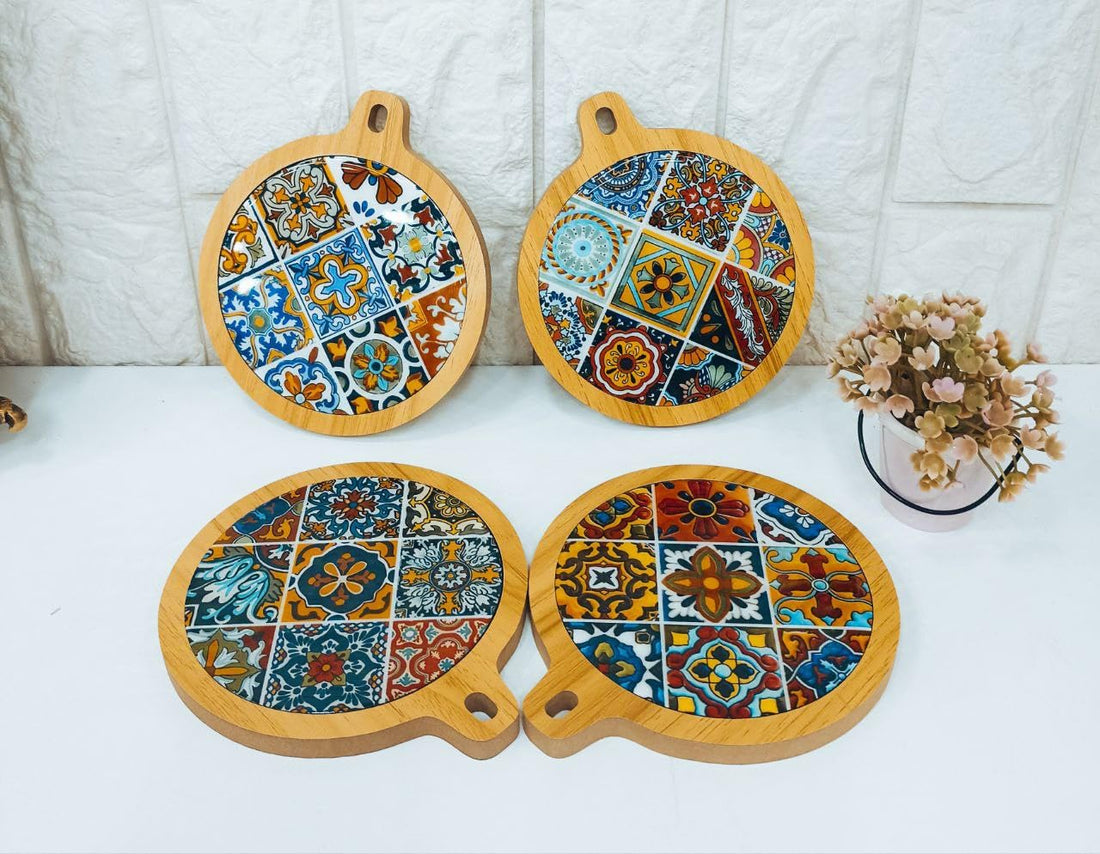 Generic Handcrafted Moroccan Tile Pattern Wooden Coaster Set, Round, Natural Wood Frame with Blue and Orange Design, 12.5 cm Diameter .mk