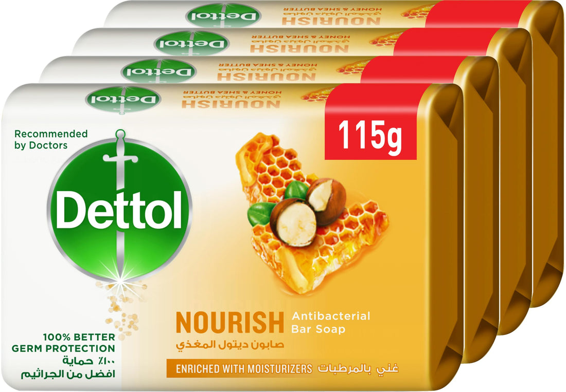 Dettol Nourish Anti-Bacterial Bathing Soap Bar for Effective Germ Protection & Personal Hygiene, honey & shea butter fragrance, 115g 4 pieces