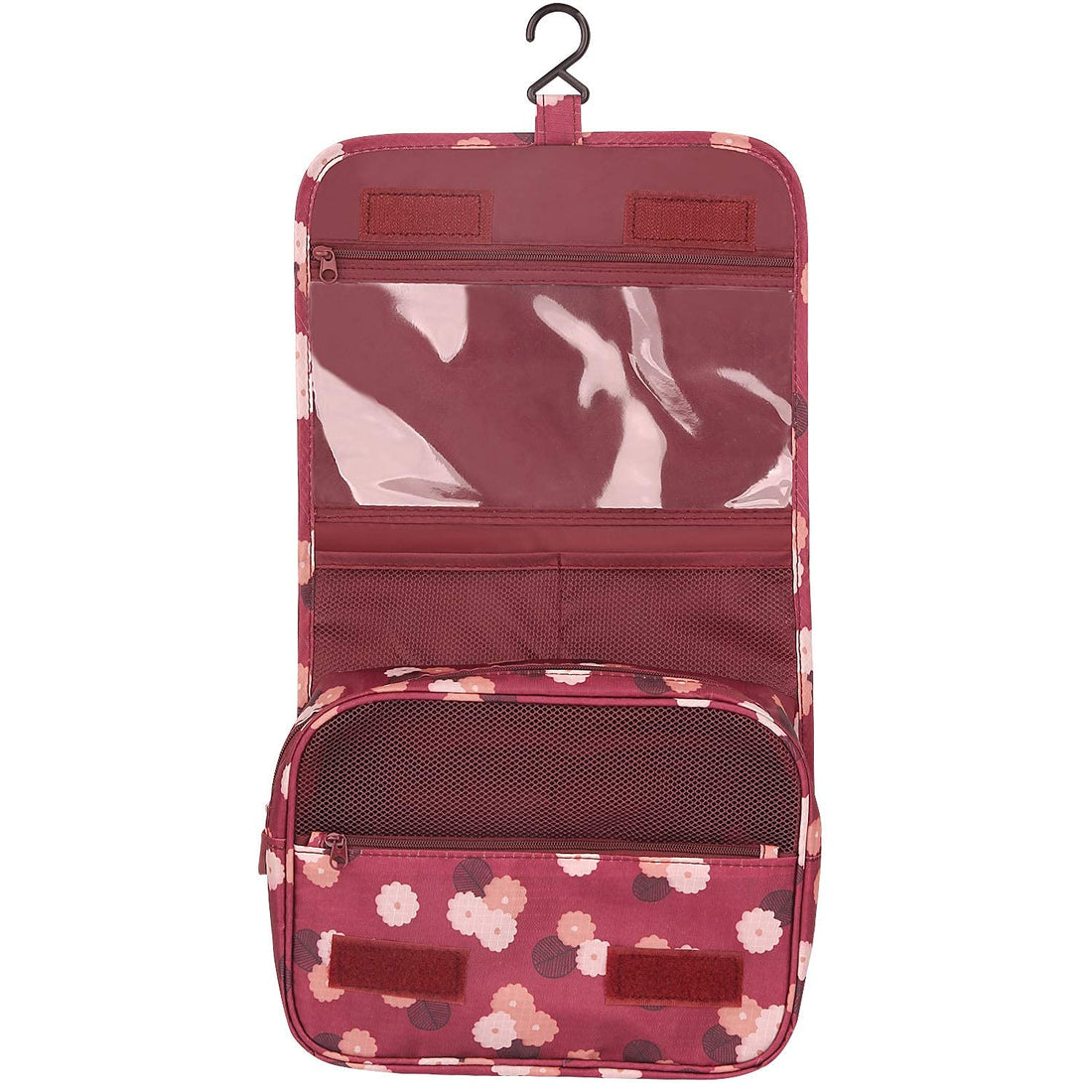 Travel Toiletry Bag M MUNCASO Hanging Travel Portable Makeup Bags Waterproof Cosmetic Organizer Pouch for Women Girls Kids, Wine Red Flower, M,