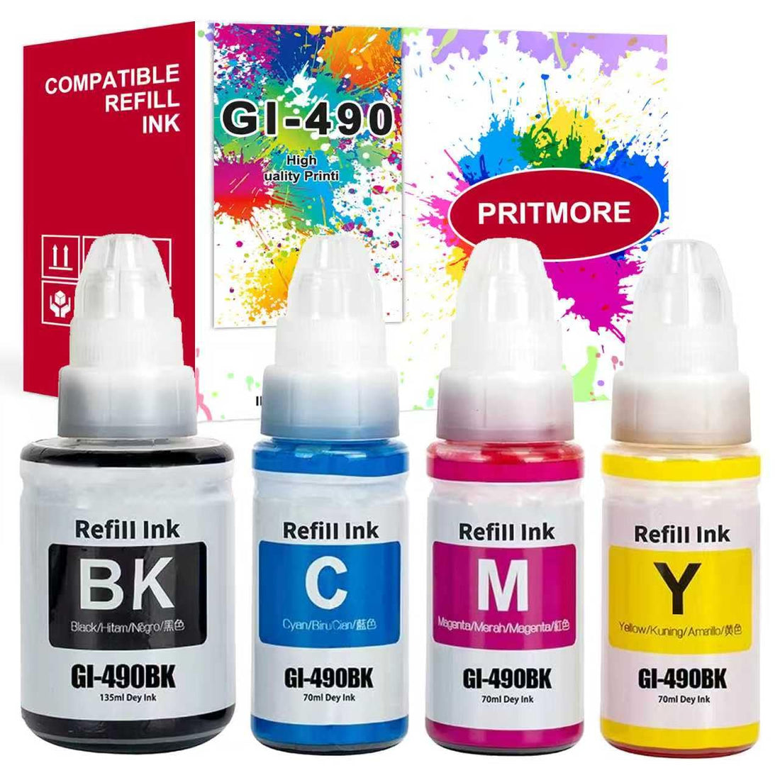 GI-490 Ink Bottle 4-Color Replacement for Canon GI-490 GI 490 Refill Ink Use for PIXMA G3400 G3410 G2400 G1400 G1411 G2411 G3411,Prints Up to 8,000 Pages (Black* 1, Cyan* 1, Magenta* 1, Yellow* 1)