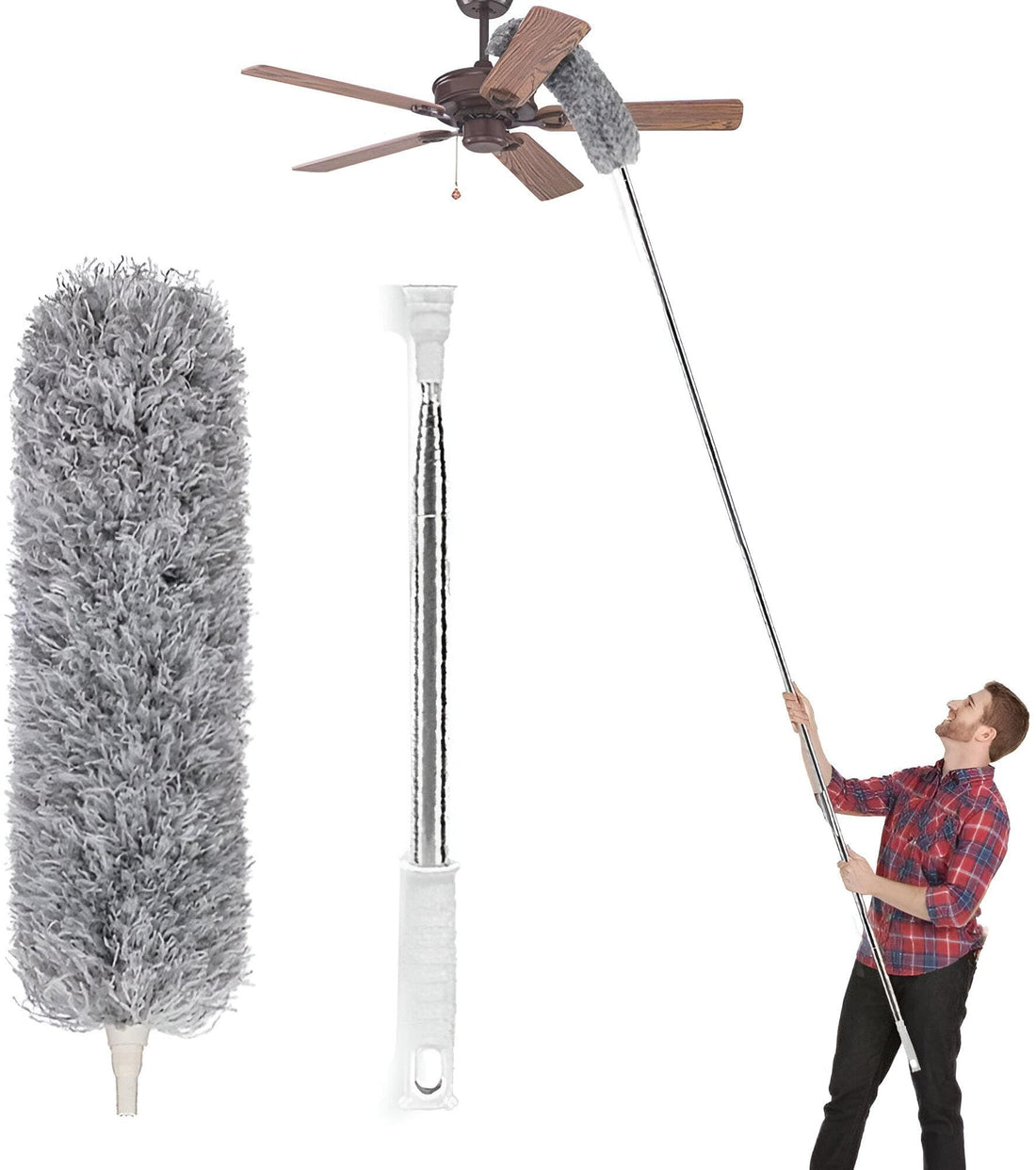 Microfiber Duster with 2.5M Extra Long Stainless Steel Handle, Extendable Duster with Bendable Head for Cleaning High Ceiling Fans, Interior Ceiling, Cobwebs and Gap Dust, Wet or Dry Use