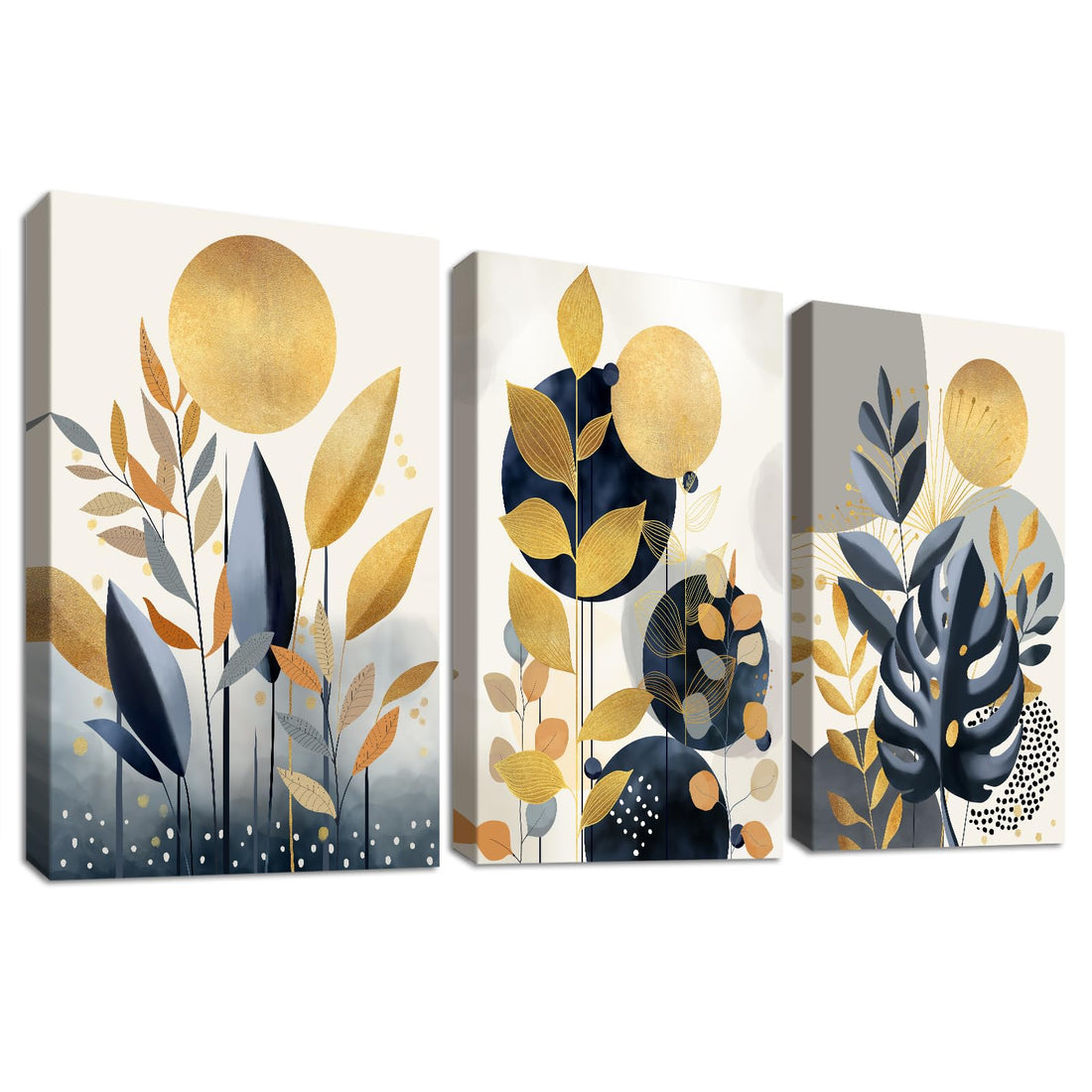 3 Pcs Wooden Framed Canvas Wall Art Set Boho Botanical Plants Painting on Canvas Prints Poster Gold Navy Blue Tropical Leaves Pictures for Living Room Bedroom Hallway Stairs Wall Decor 30x40 cm x3pcs