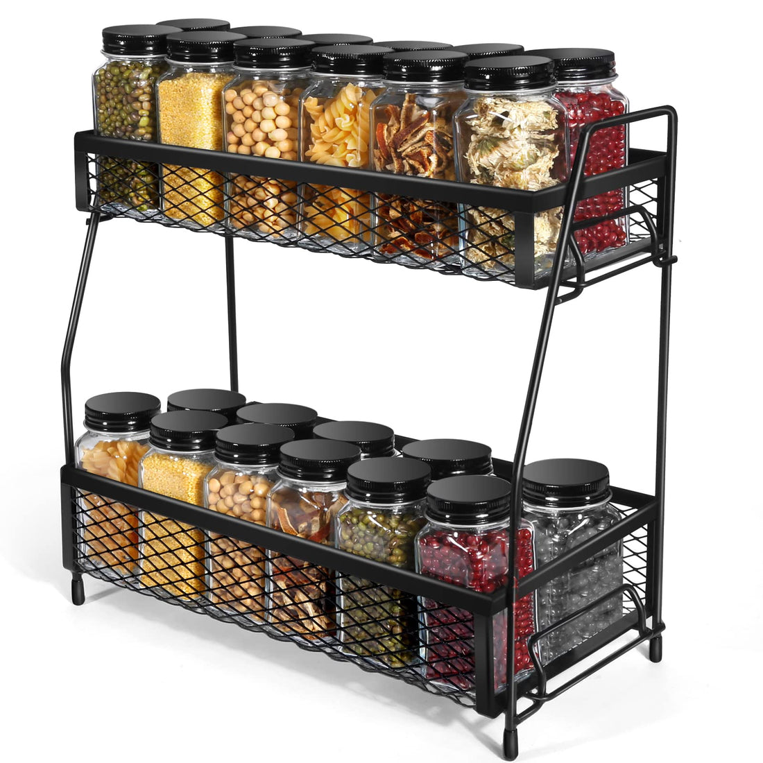 2 Tier Metal Foldable Spice Rack Organizer for Countertop, Non-Slip Kitchen Bathroom Storage (Black)