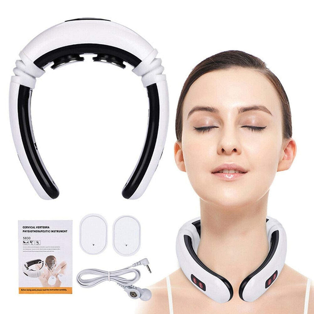 Concepta Electric Neck Massager for Deep Tissue Pain Relief Cervical Vertebra Massager Impulse Treatment Device for Acupoint Magnetic Therapy with 2 Electrode Pads (White)