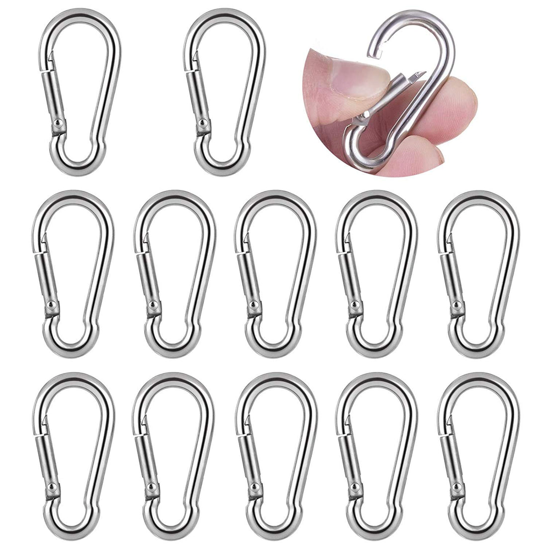 Monio M4 Carabiner Clip Hook, Heavy Duty Spring Snap, Small Stainless Steel Ring for Camping Fishing Hiking Traveling Climbing, Quick Link for Hammock, Key, Backpack, Dog Leash, Rope, Boat (12PCS)
