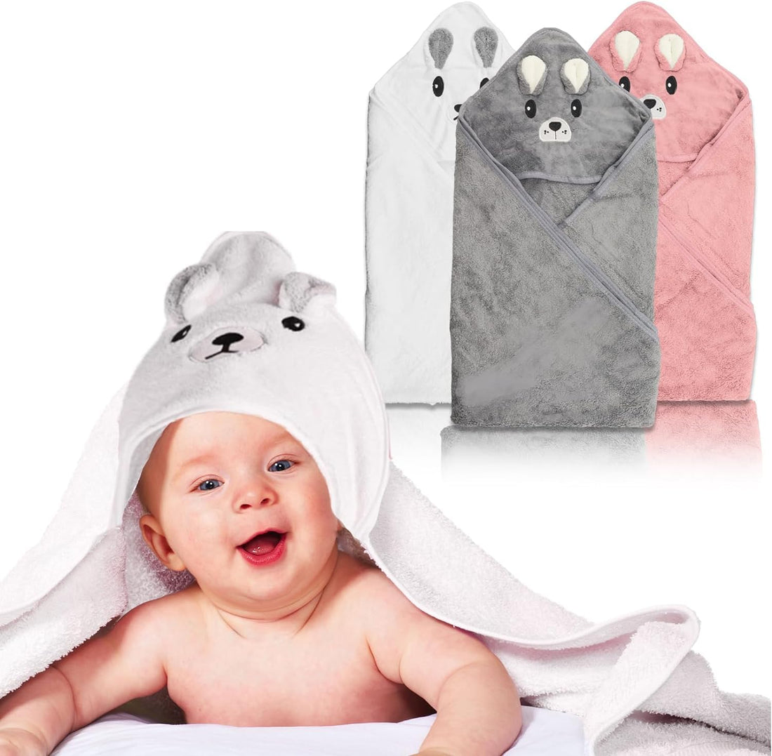 Moro Moro 3 Fossoloni Hooded Baby Towel 80x80cm Set of 3, Personalized Hooded Baby Towel, Baby Bath Towels for Newborn 0-2 Years, Cotton Blend, Grey