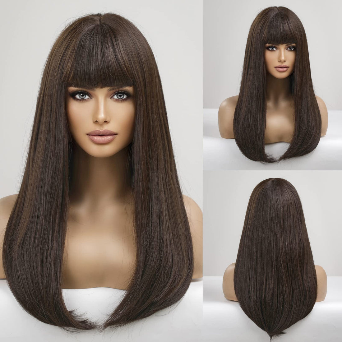 ECIF Long Dark Brown Wigs For Women, Synthetic Hair Wig With Neat Bangs For White Women
