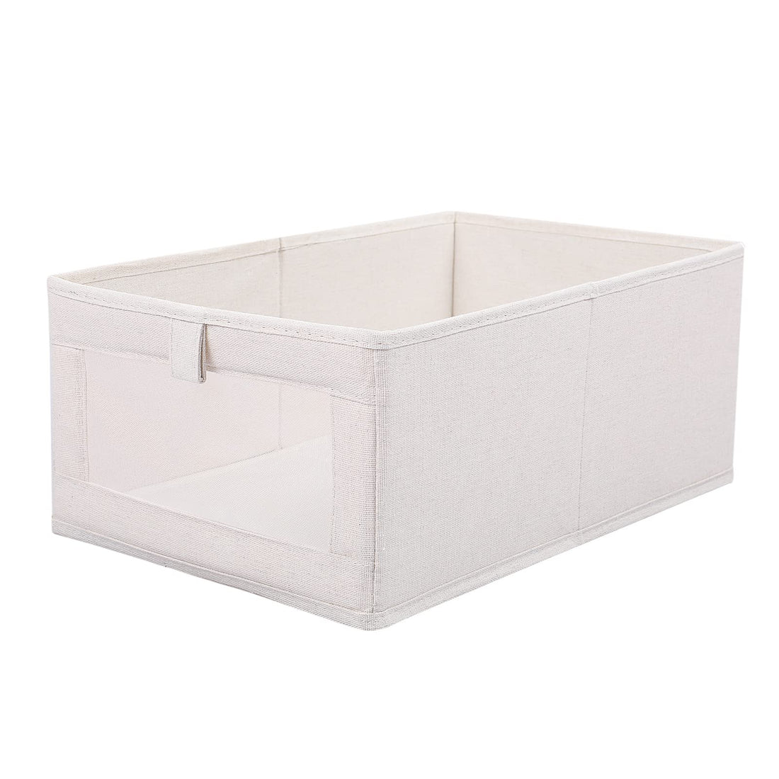 Fabric Storage Bin Box Rectangular Cotton Linen Storage Basket Cube with Thick PP Board Clear Mesh Window Foldable Decorative Nursery Home Office Organizer Container – Beige, Large