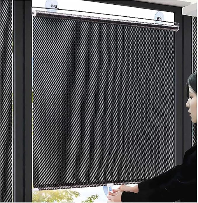 Blinds,Blackout Curtain,Punch-free Retractable Balcony Sun Shade,Sunscreen Insulation Shading Curtain Window Shade Blind Kitchen Office Car Privacy ScreenSuction Cup Roller (58cmx125cm, Black, S