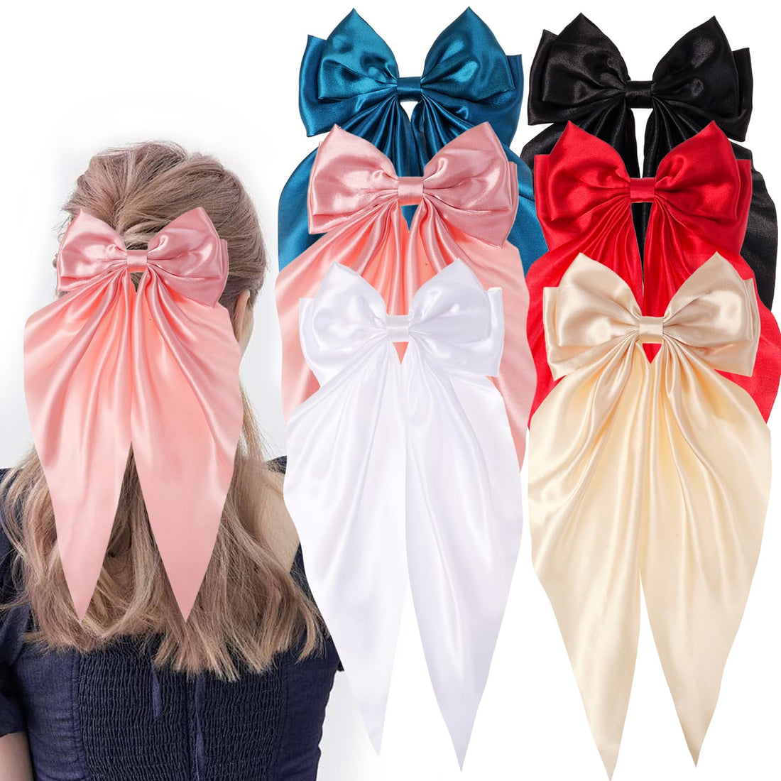 6PCS Large Bow Hair Clips for Women Silky Satin Hair Bows Big Hair Ribbons Clips with Long Tail Hair Accessories for Women Girls