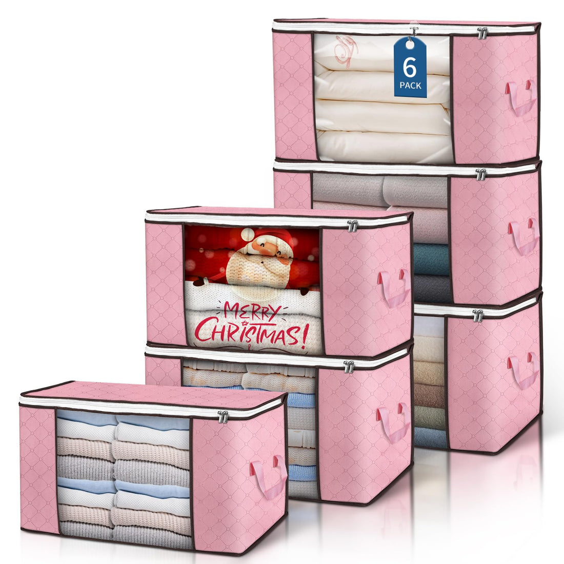 Budding Joy 90L Large Storage Bags, 6 Pack Clothes Storage Bins Foldable Closet Organizer Storage Containers Storage and Organization for Blanket, Comforters, Bed Sheets, Pillows and Toys (Pink)