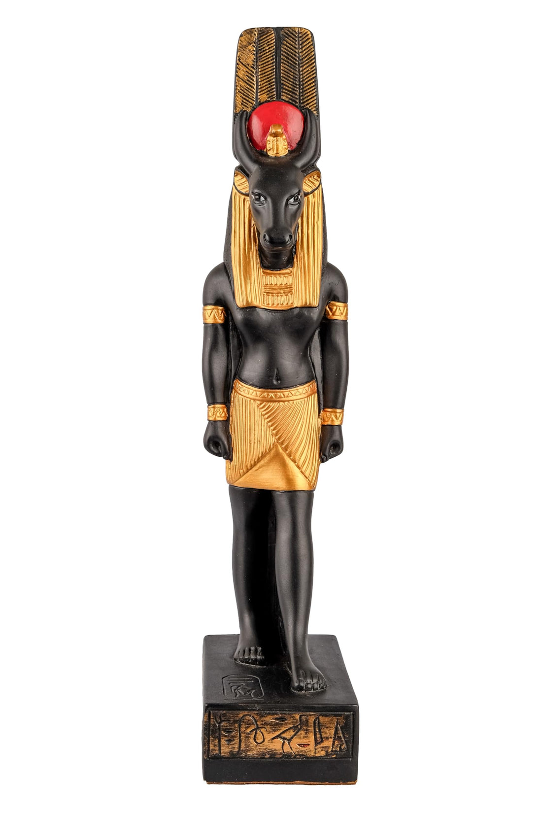 Statue Montu god of War lord of Medamud, depicted with a bull’s head. Large painted black gold made in Egypt.