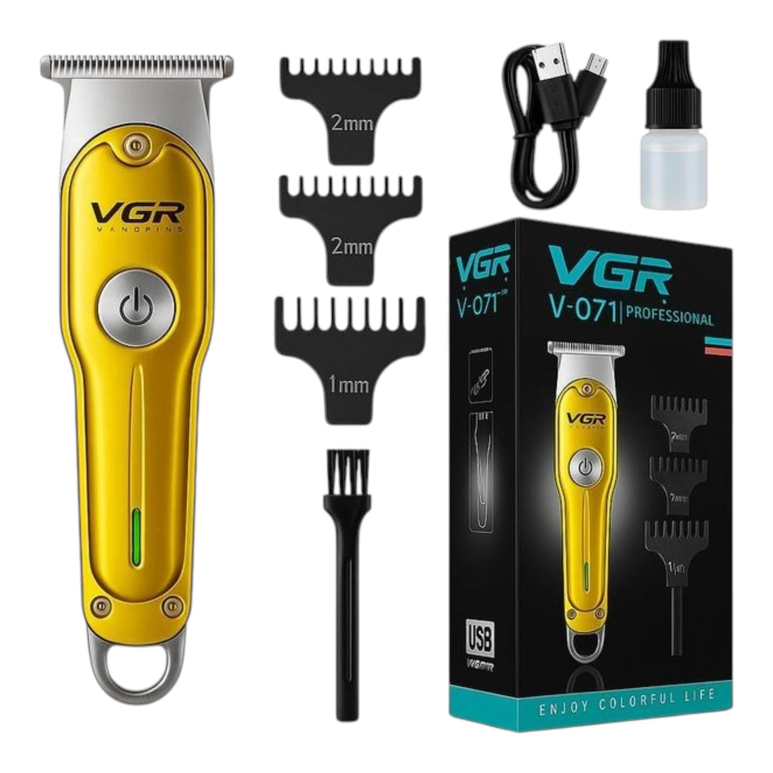 VGR Professional Hair Trimmer V-071, T-Blade, 2 Speed Motor, USB Rechargeable, with 3 Guide Combs (Gold)