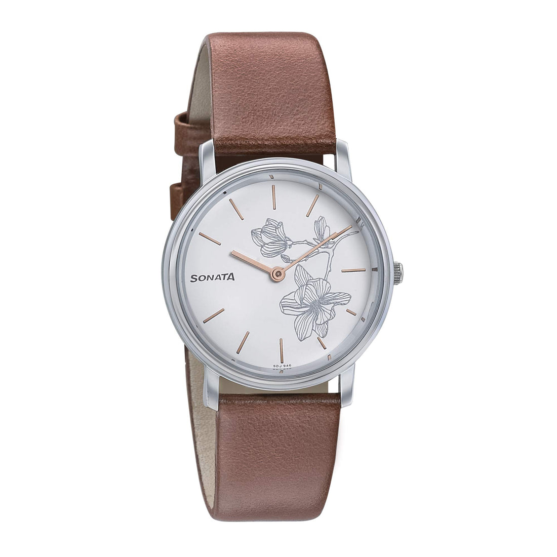 Sonata Watch for Women, Automatic Movement, Analog Display, Brown Leather Strap-NN87029SL01W