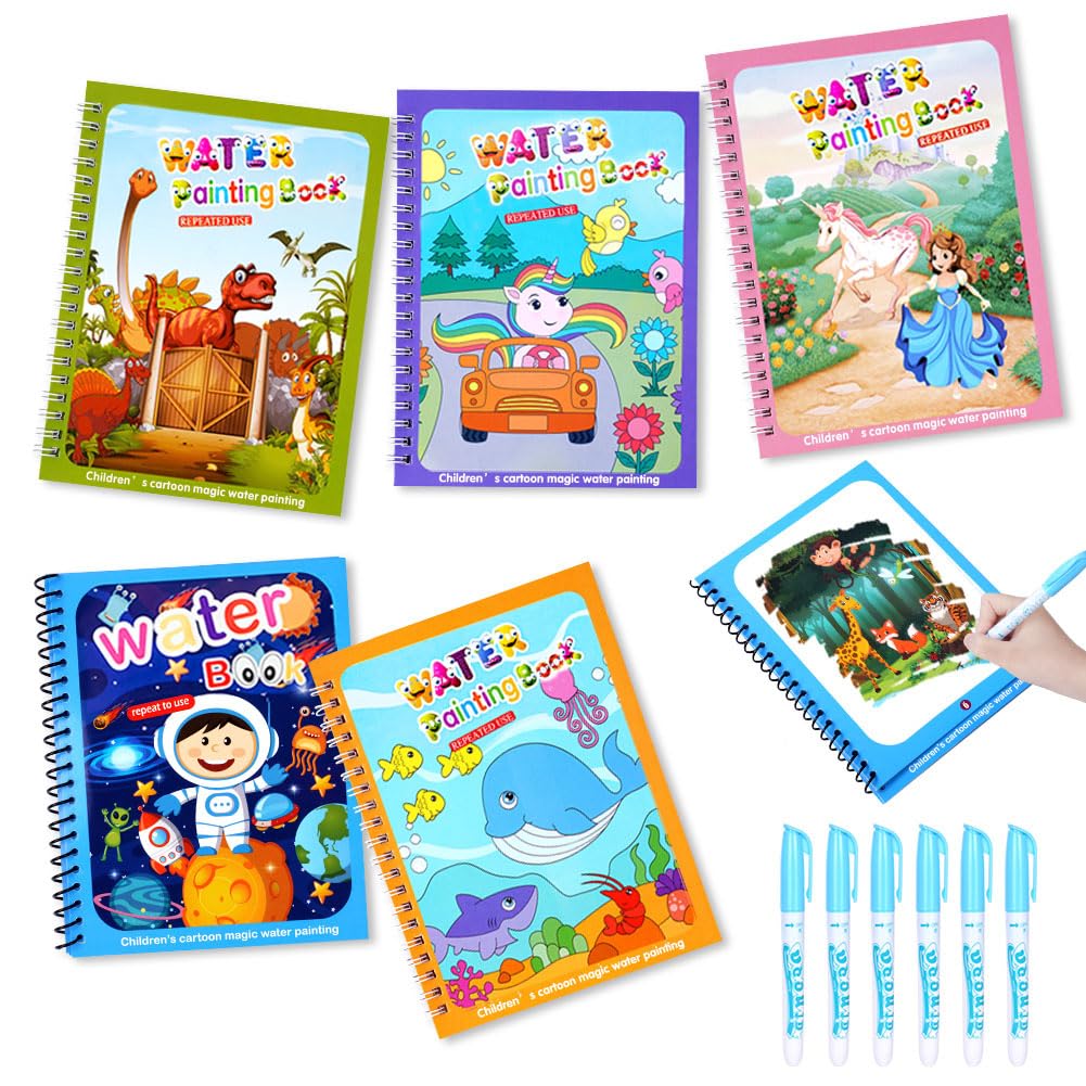 OSDUE Watercolor Book, 6 Magic Pieces of Painting, Watercolor Paint, Reusable Book with 2 Pens