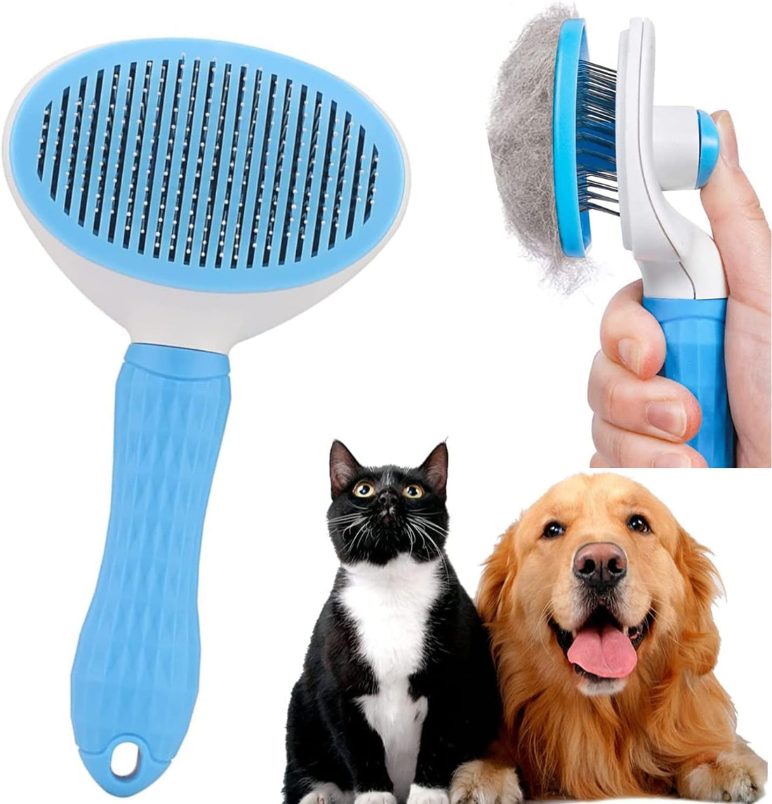 Plan A Pet Grooming Brush, Dog Cat Grooming Brush for Loose Hair, Self Cleaning, Removes Loose Fur Stuck to Animal, Gently Detangles and Massages Pet (Blue)