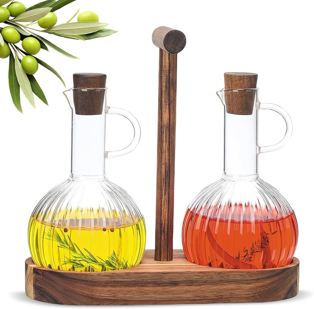 Vinegar and Oil Bottles Set with Wooden Stands, 2 x 300 ml Drip-Proof Oil Dispenser, Olive Oil Bottle, Glass Vinegar Dispenser, Cooking Oil Container, Oil Container for Kitchen, Dining Room