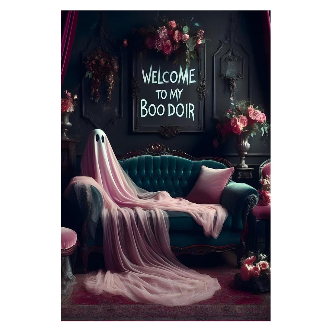 Halloween Witch Poster Gothic Boudoir Decor Welcome To My Boo Doir Ghost Print Dark College Poster Romantic Goth or Emo Present Pink Roses Paintings Print for Bedroom Home Decor 12X16inch Unframed