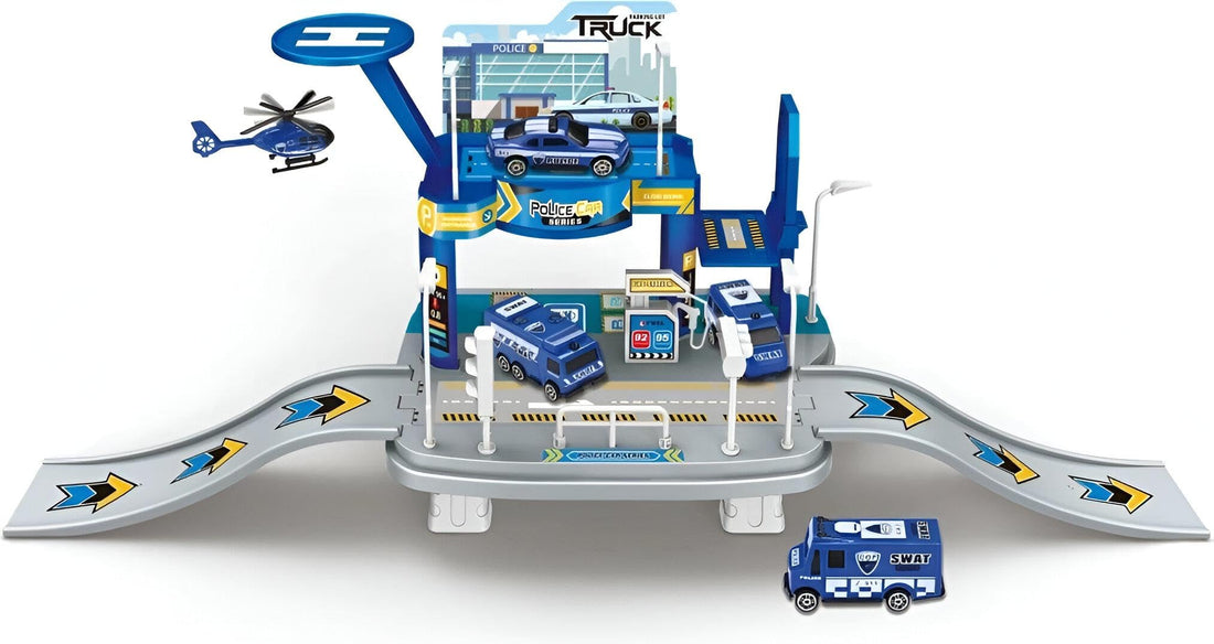 Police Station Playset - Multi-Level Garage with External Road, Stoplights, and Multi-Story Parking for Kids' Imaginary Law Enforcement Adventures
