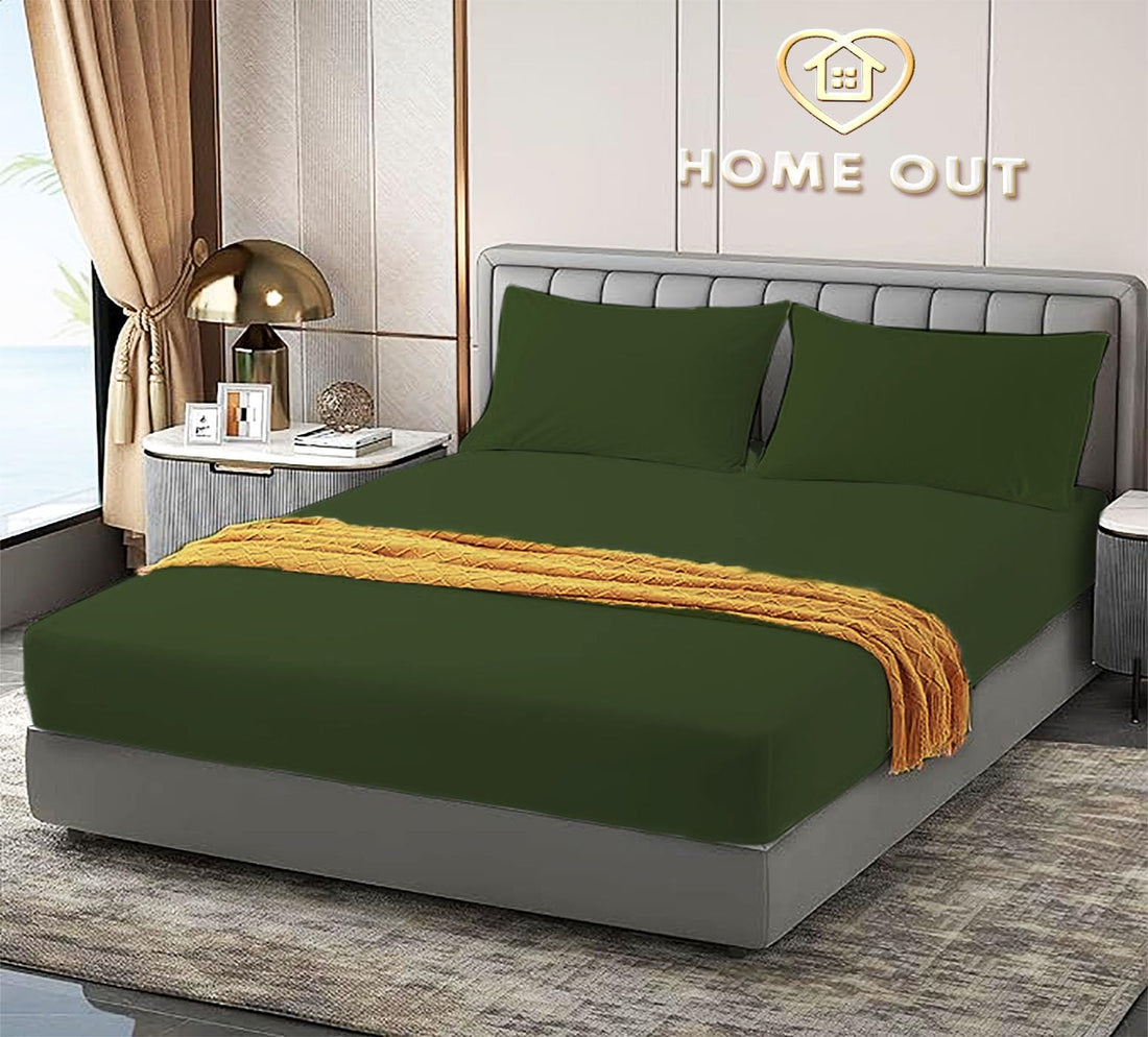 Home Out Premium Elastic Bed Sheets - High-Quality Egyptian Cotton - Fits Single & Master Beds - 3 pcs - Ideal for Hotels & Resorts (Olive Green, Master beds (160cm*200cm))