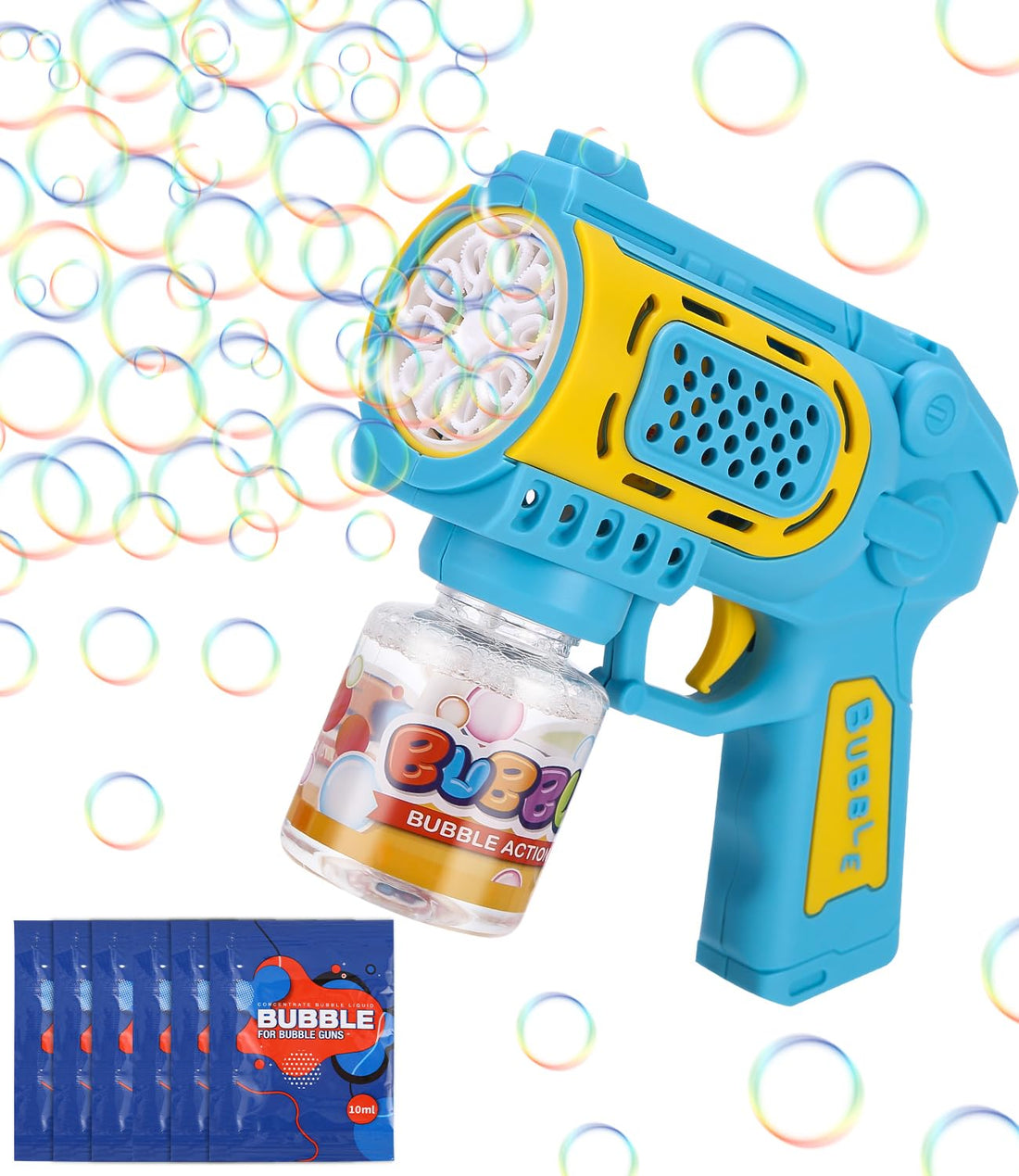 Bubble Machine Electric Bubble Gun with LED Light and 150 ml Soap Bubbles Liquid Bubble Gun for Summer, Outdoor Activity, Birthday, Party, Blue