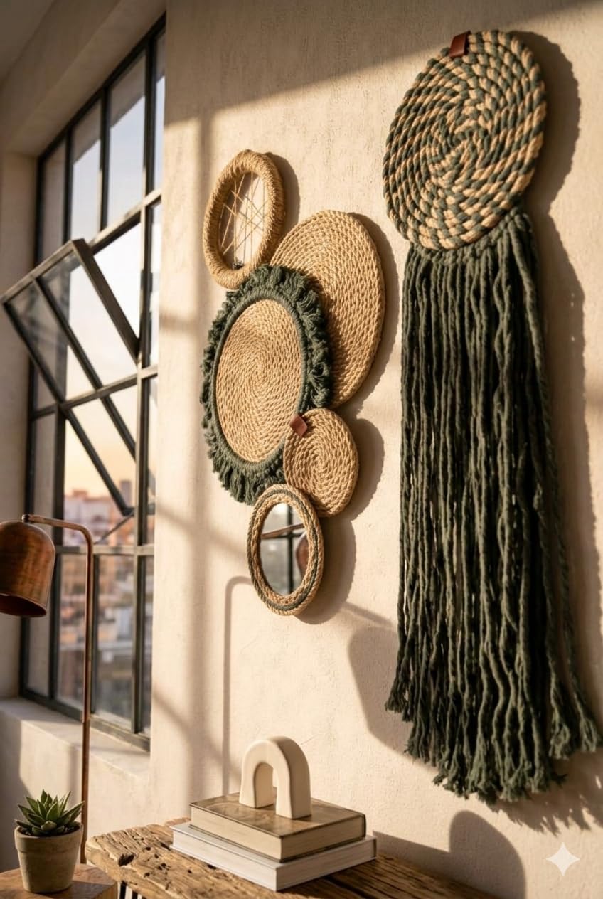 Handmade 6 Piece Cotton Jute Wall Decor Set with Wooden Detailing and Mirrors Bohemian Round Wall Decor for Living Room Entryway