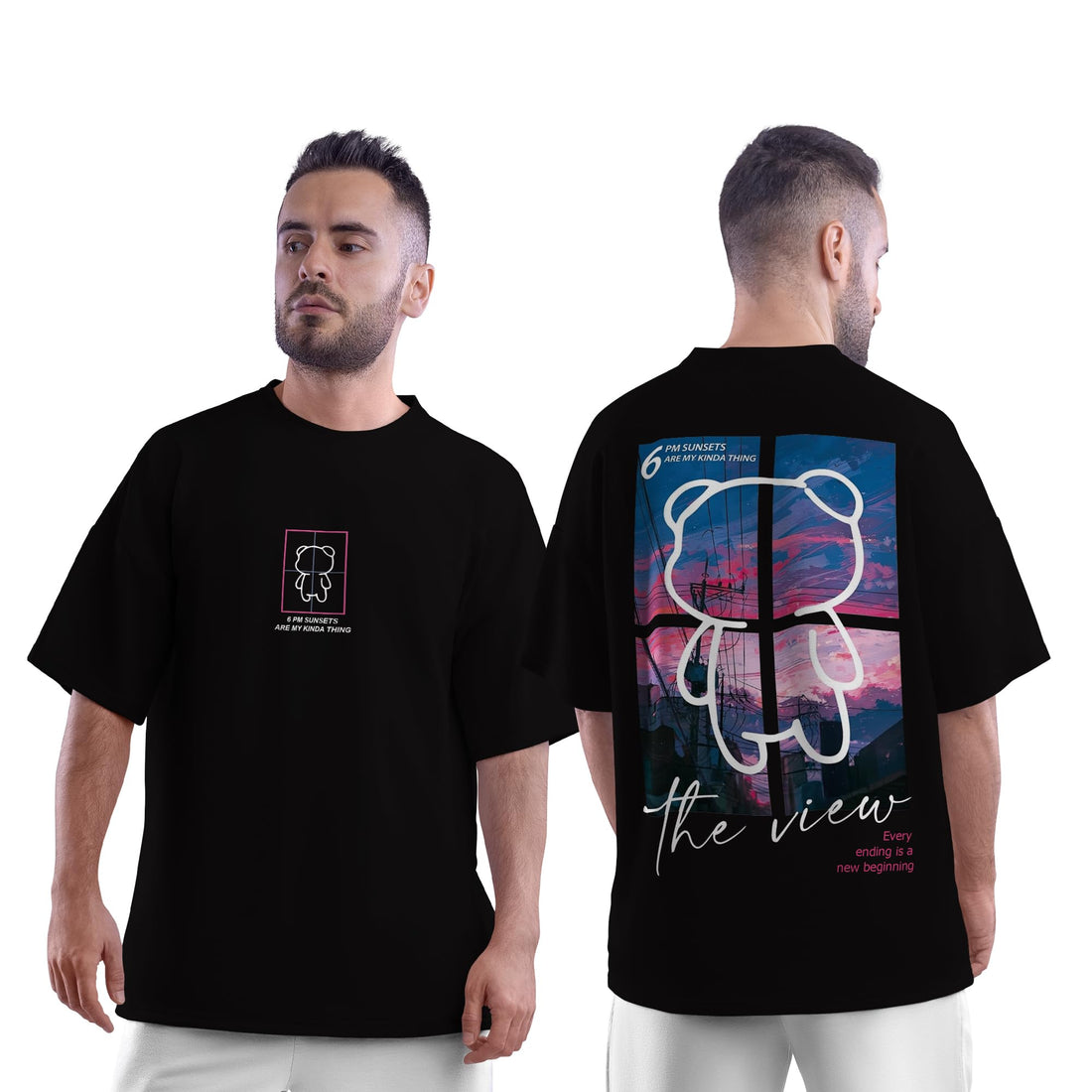 Oversized Cotton T-Shirt for Men and Women, Teddy Sunset Print