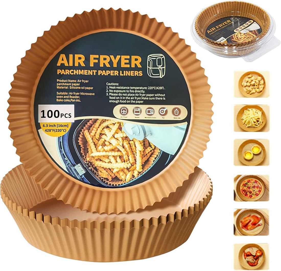 Disposable Air Fryer Paper - Transform your cooking routine with a set of 100 sheets of round parchment liners, designed to fit 5-8L air fryers, ensuring easy cleanup and delicious results in your