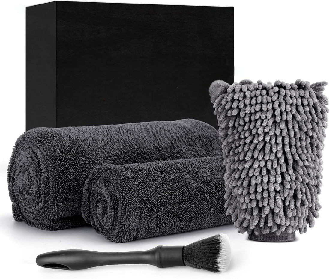 4in1 Car towel set, 2 x 1300 GSM Microfiber Drying Towel, 1x Car Wash Mitt, 1x Car Detailing Brush