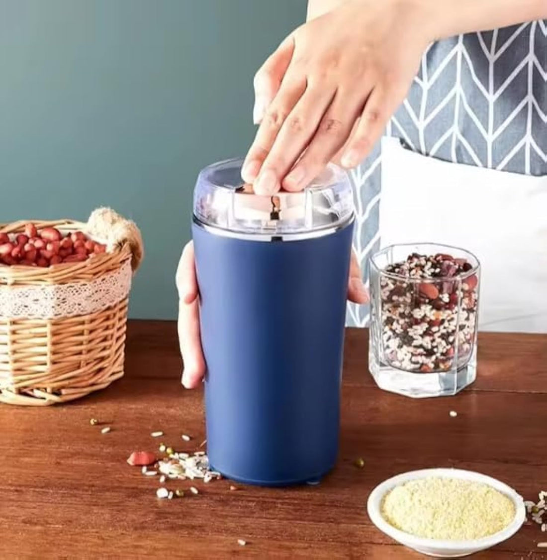 Premium Coffee Bean Grinder, Electric Spices Grinder Mill With Stainless Steel Blade, Electric Beans Spices Grains Herbs Peanuts Nuts Seeds Coffee Mill Machine Dark Blue Color