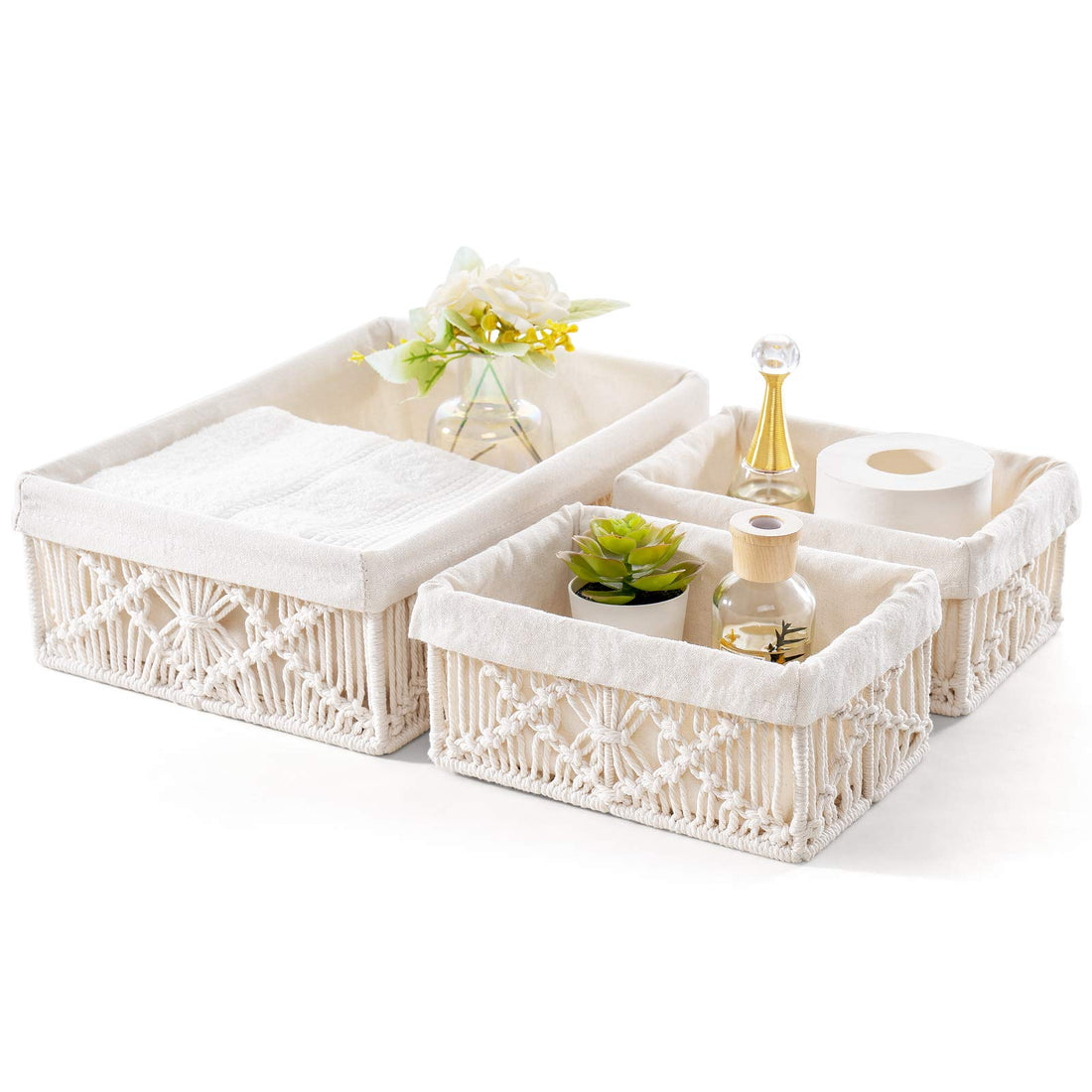 Mkono Macrame Storage Baskets Decor with Removable Cloth Liner Boho Storage Bins Handmade Woven Decorative Countertop Shelf Cabinet Organizer for Bedroom Nursery Living Room, Set of 3