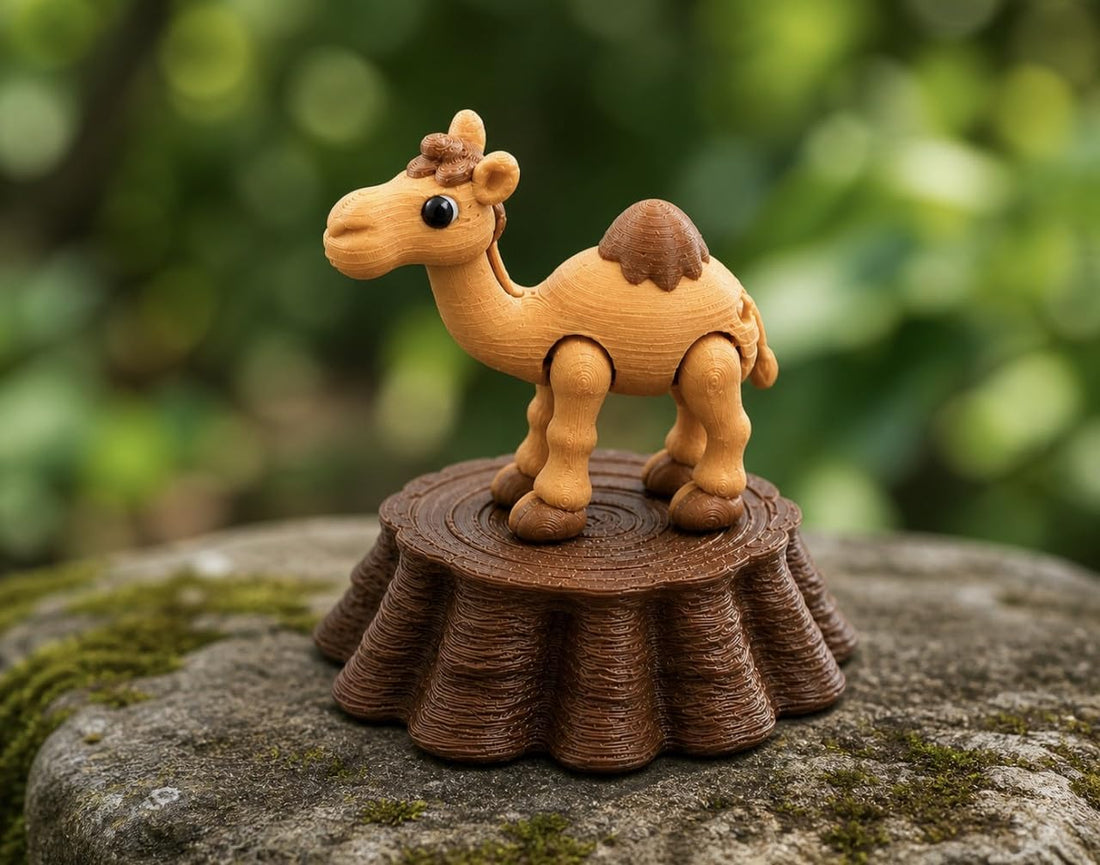 Downtown 3D Printed Articulated Camel Desktop Decoration, Tree Stump Base Figure for Office, Shelf and Desk Decor
