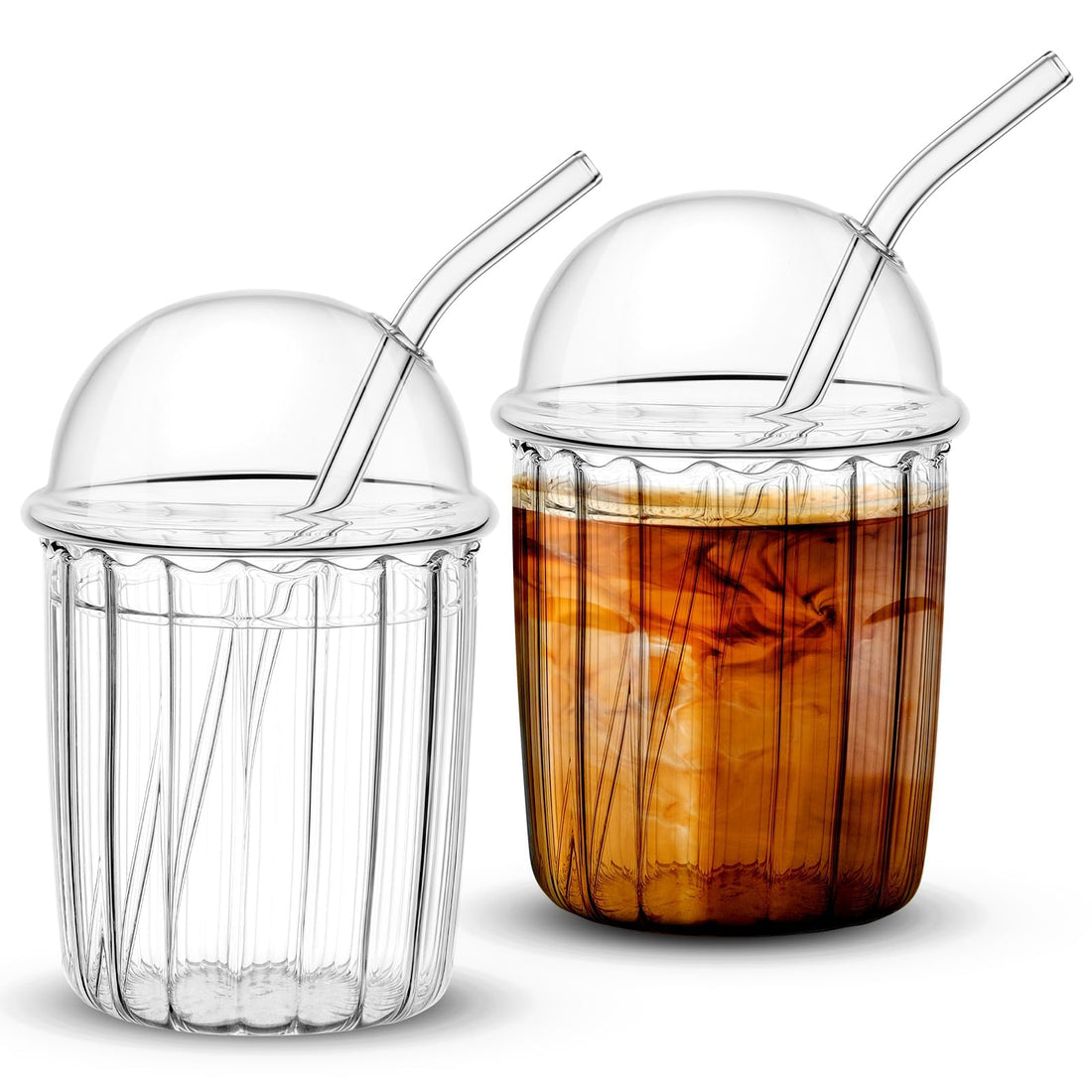 Glass Tumbler Set with Dome Lid and Straw, 15 oz Reusable Smoothie Coffee Drinking Glass Cup, Ideal for Home and Office Use, 2 Pcs