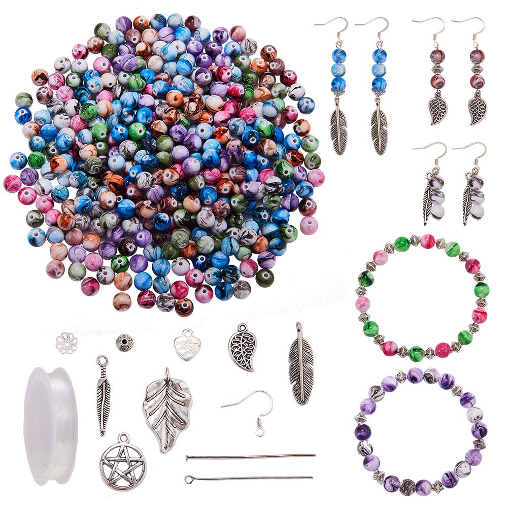 SUNNYCLUE 400pcs Multi Color Acrylic Round Loose Beads Kit Spacer Ink Patterns Resin Beads 1 roll Elastic Crystal Strings 7.5m for DIY Earring Making